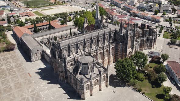 Batalha Monastery, gothic landmark and Unesco world heritage site. Aerial orbiting shot