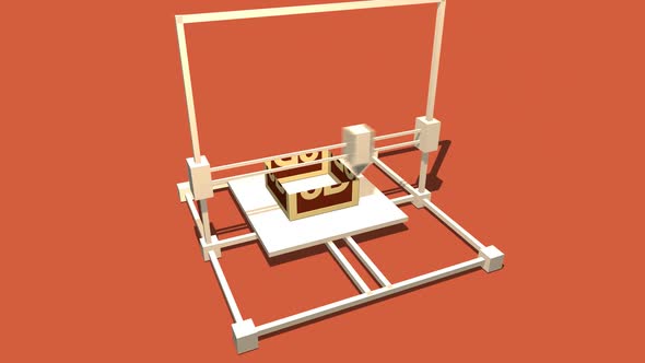 Simple Animation of Printing a 3D box with a 3D Printer. Red Background.