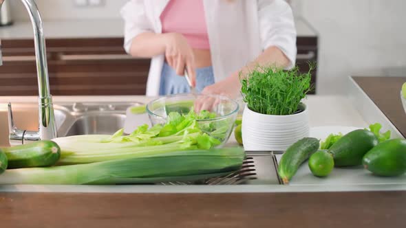 Young Woman Prepares a Salad in the Kitchen Cuts Herbs and Green Vegetables to Make a Healthy