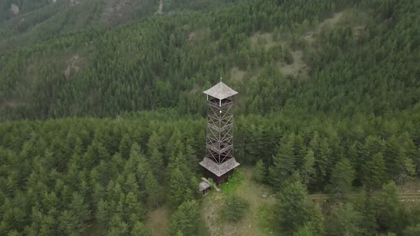 Aerial View of Watch Tower on Hilltop of Mokra Gora, Serbia. Old Isolated Structure in Forest