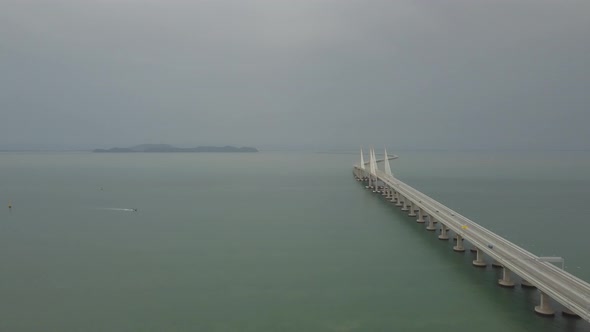 Aerial view boat move at Penang second bridge