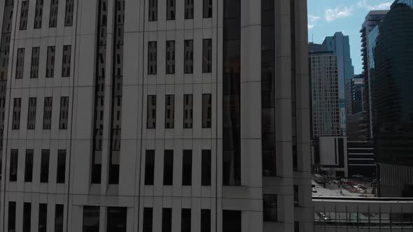 Aerial footage of downtown Minneapolis facing the buildings, Wells Fargo building