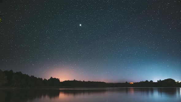 Lyepyel District, Vitebsk Province, Belarus. Real Colorful Night Stars Above Lepel Lake. Natural