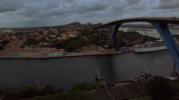 Looking onto the Julianna bridge and seeing the Free winds ship docked underneath.