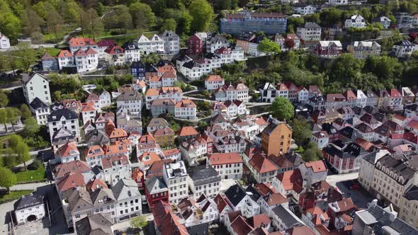 Expensive neighborhood area Floyfjellet in Bergen city center - Reverse aerial Norway