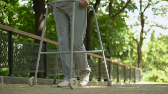 Legs of Patient Slowly Moving With Help of Walking Frame in Hospital Park