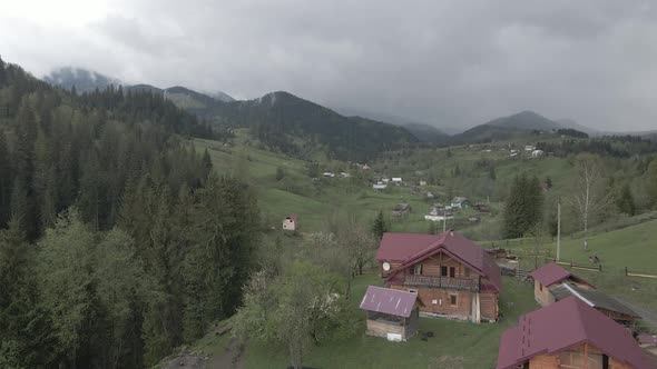 Ukraine, Carpathian Mountains: House in the Mountains Aerial, Flat, Gray