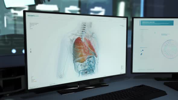 Rotating Skeleton Model In Innovative Futuristic Software Researched At Clinic alt