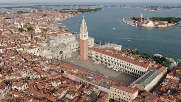 Drone flying over Piazza San Marco (St Mark Square) in Venice, Italy, Europe