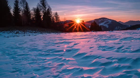 Sunrise in Frozen Nature Blue Winter Morning