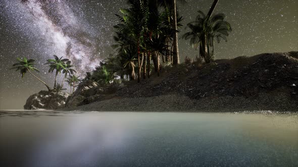 Beautiful Fantasy Tropical Beach with Milky Way Star in Night Skies