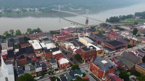 Maysville, Kentucky historic downtown along the Ohio River with the Simon Kenton Memorial Bridge