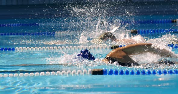 Man and woman swimming together inside the pool 4k