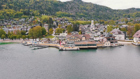 Aerial View of Mountain Lake Wolfgangsee with Houses of Resort Town in Austria, Alps