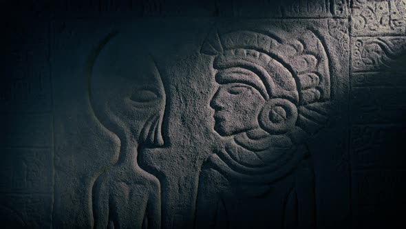 Alien And Aztec Man Carving In Ancient Temple