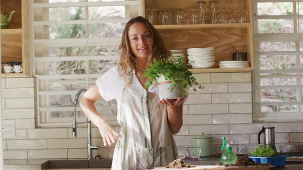 Portrait of smiling caucasian woman holding potted plant, standing in sunny cottage kitchen