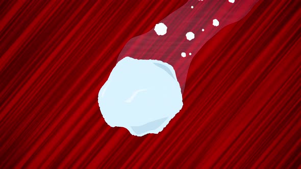 Flying snowball on red background. Looped animation of throwing snow. Moving spherical object