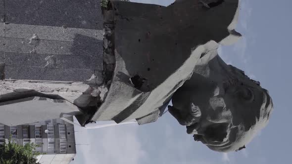 Vertical Video of the Wartorn Shevchenko Monument in Borodyanka Ukraine