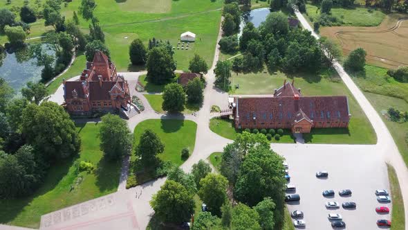 Jaunmoku Brick Medieval Castle Near Tukums, Latvia  Aerial Dron 4k Shot Jaunmokas Manor Park