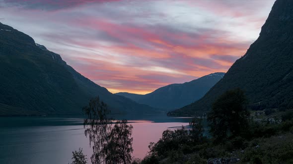 Beautiful View Of Lovatnet Lake In Loen, Norway During Sunset - timelapse