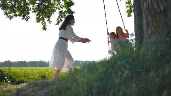 Two Little Girls Swing on a Swing Suspended From an Oak Branch