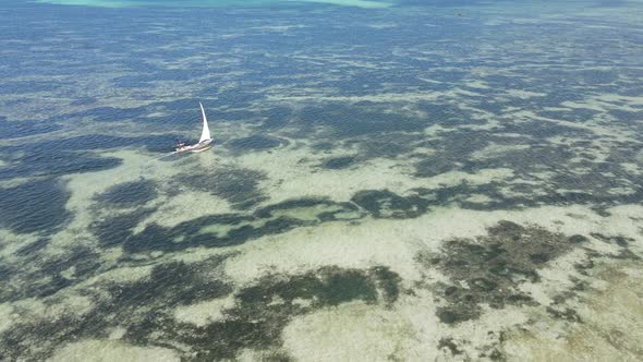 Aerial View of a Boat in the Ocean Near the Coast of Zanzibar Tanzania