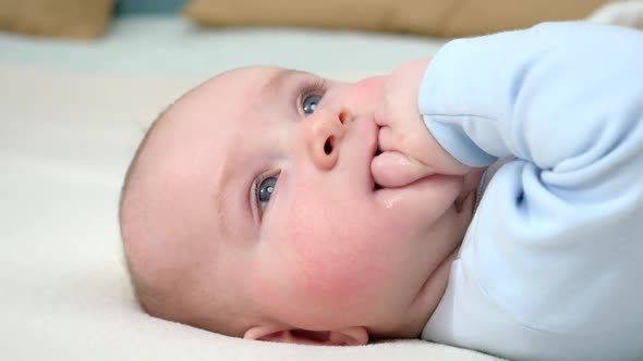 Portrait of Adorable Baby Boy with Blue Eyes Sucking His Hand While Lying on Bed