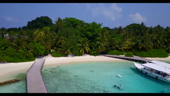 Aerial landscape of perfect shore beach journey by aqua blue ocean with white sandy background of a 