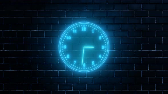 Cyan Neon Light Analog Clock Isolated Animated On Wall Background