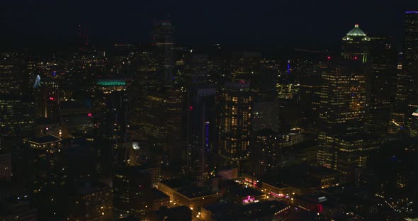 Seattle Washington Downtown Skyline Close Up Helicopter View Aerial Flyby Skyscrapers Tall Buildings