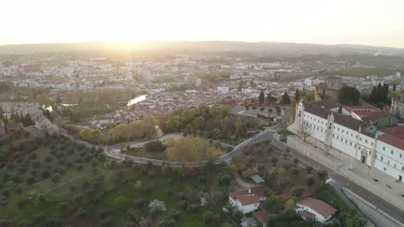 Aerial drone view of Tomar and Convento de cristo christ convent in Portugal