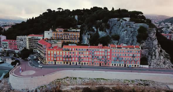 Nice, France. Aerial Footage of City in the Morning. Blue Sea and Sunrise in September. Tourist