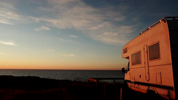 Caravan Camp On Beach At Sunrise