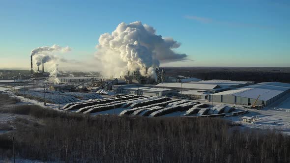 A Timber Processing Plant with Smoking Pipes