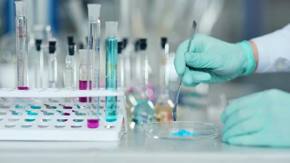 Closeup of Scientist's Hand Preparing Powder on Glass Dish for Some Research in a Laboratory