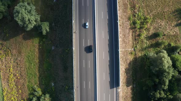 Smooth Flight Over the Autobahn  Car Traffic on the Track Section