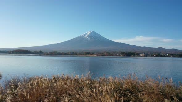 Aerial view 4k video by drone of Mount Fuji at Kawaguchi