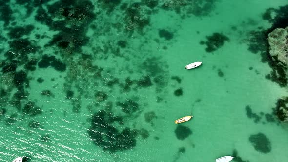 Epic aerial top down shot showing anchored boats on crystal clear water with coral reefs underwater