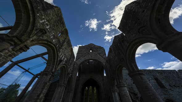 Motion time lapse of Boyle Abbey medieval ruin in county Roscommon in Ireland as a historical sights