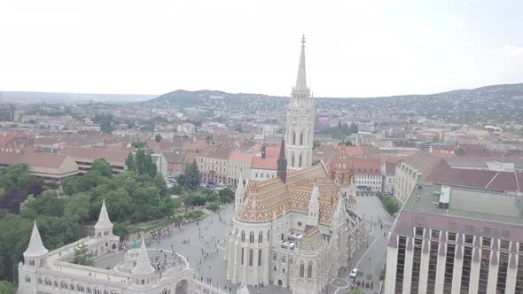 Aerial view of Matthias Church. Gothic architecture, Budapest, Hungary. Europe. Fisherman's bastion 