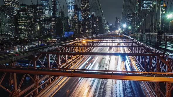 Rain in New York Traffic Cars on the Famous Brooklyn Bridge