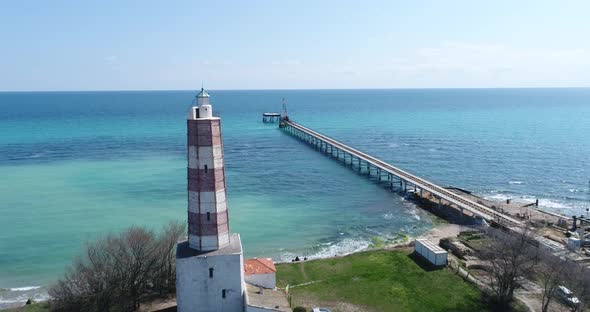 4k aerial footage of the oldest lighthouse on the balkan peninsular, Shabla, Bulgaria