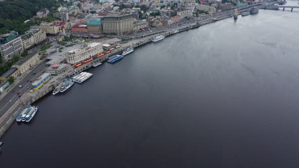 Aerial Top View of Kiev Pedestrian Bridge From Above Kyiv Skyline