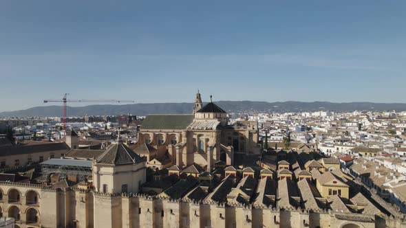 Aerial circling over Mosque or Cathedral of Our Lady of Assumption, Cordoba in Spain