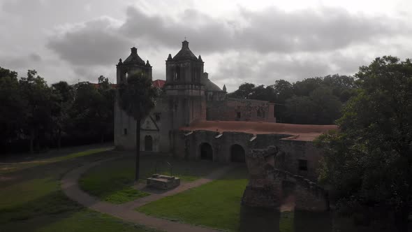 A drone captures images of the oldest unrestored stone church in America, Mission Concepcion, dedica
