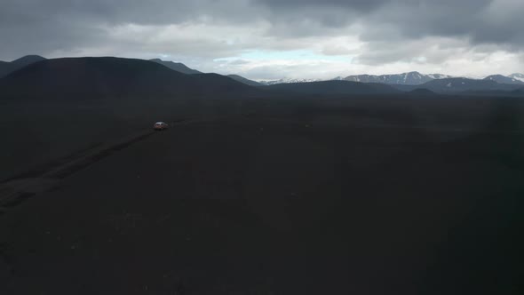 Drone View Suv Offroad in Lakagigar Black Volcanic Desert in Iceland Skaftafell National Park