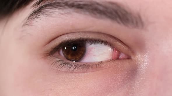 Close-up of Women's Eyes . A young Woman Raises Her Head and Looks into the Camera, Slow Motion.