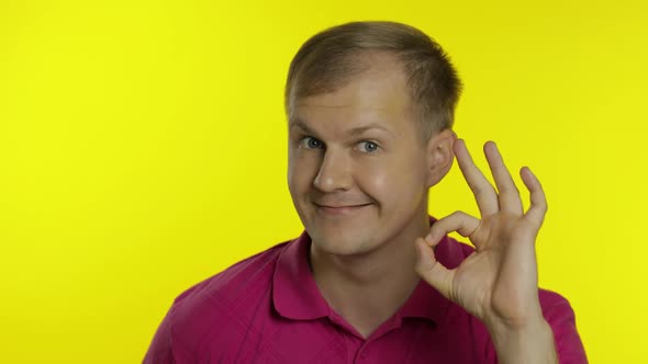 Portrait of Caucasian Man Posing in T-shirt. Smiling Handsome Guy Show OK Sign. People Emotions