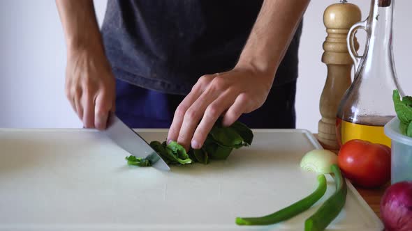 Person Slicing Fresh Arugula Using A Sharp Knife In A Cutting Board - close up