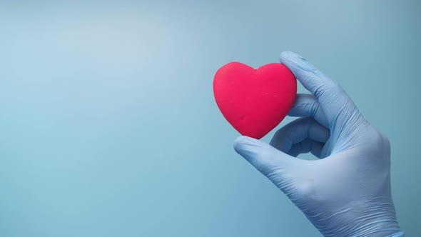  Man Hand in Protective Gloves Holding Red Heart on Blue 